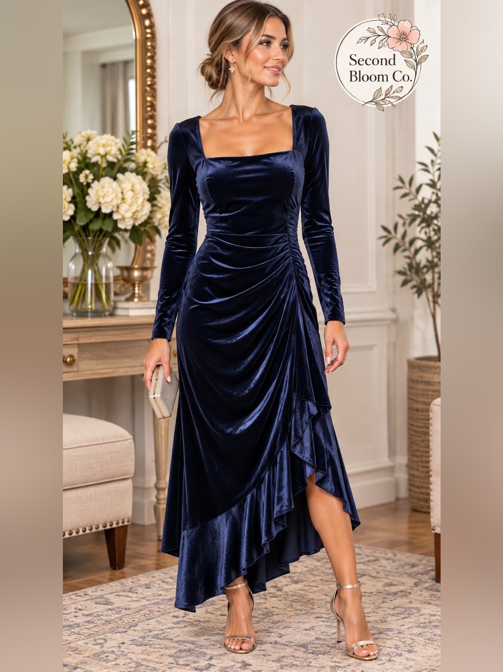 Mashkaly Size Small Navy Blue Velvet Long Sleeve Ruched Asymmetrical Dress